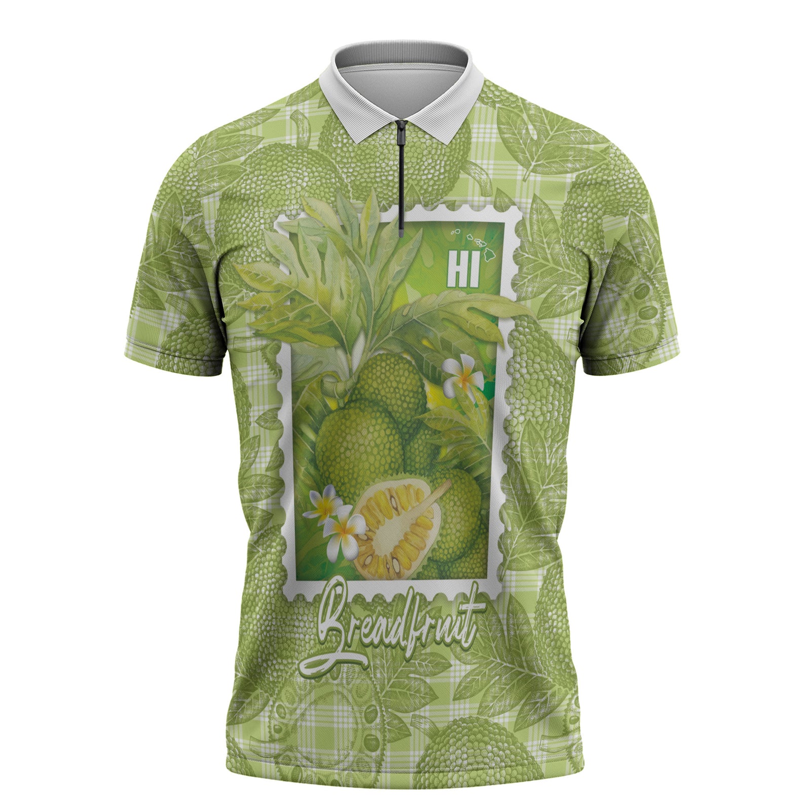 Aloha Hawaii Ulu Palaka Motifs Zipper Polo Shirt Hawaiian Breadfruit Stylized Stamp LT14 Green - Polynesian Pride