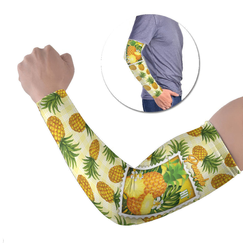 Aloha Hawaii Hala Kahiki Palaka Motifs Arm Sleeves Hawaiian Pineapple Stylized Stamp LT14 Set of 2 Yellow - Polynesian Pride
