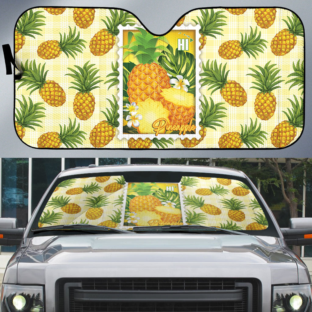 Aloha Hawaii Hala Kahiki Palaka Motifs Auto Sun Shade Hawaiian Pineapple Stylized Stamp LT14 Yellow - Polynesian Pride