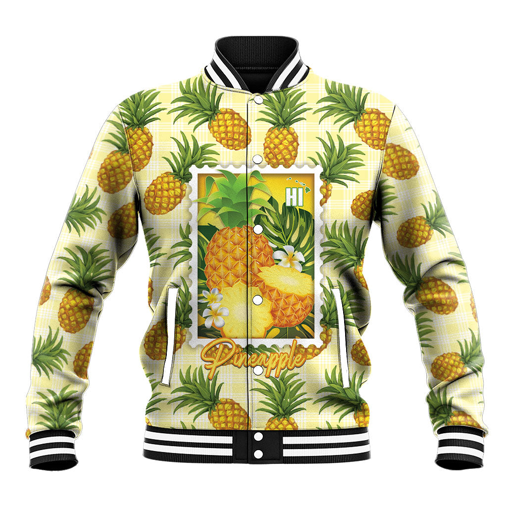 Aloha Hawaii Hala Kahiki Palaka Motifs Baseball Jacket Hawaiian Pineapple Stylized Stamp LT14 Unisex Yellow - Polynesian Pride