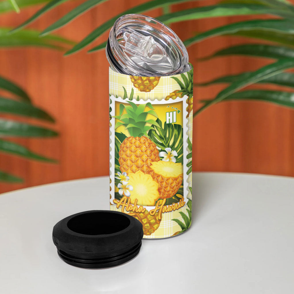Aloha Hawaii Hala Kahiki Palaka Motifs 4 in 1 Can Cooler Tumbler Hawaiian Pineapple Stylized Stamp LT14 - Polynesian Pride