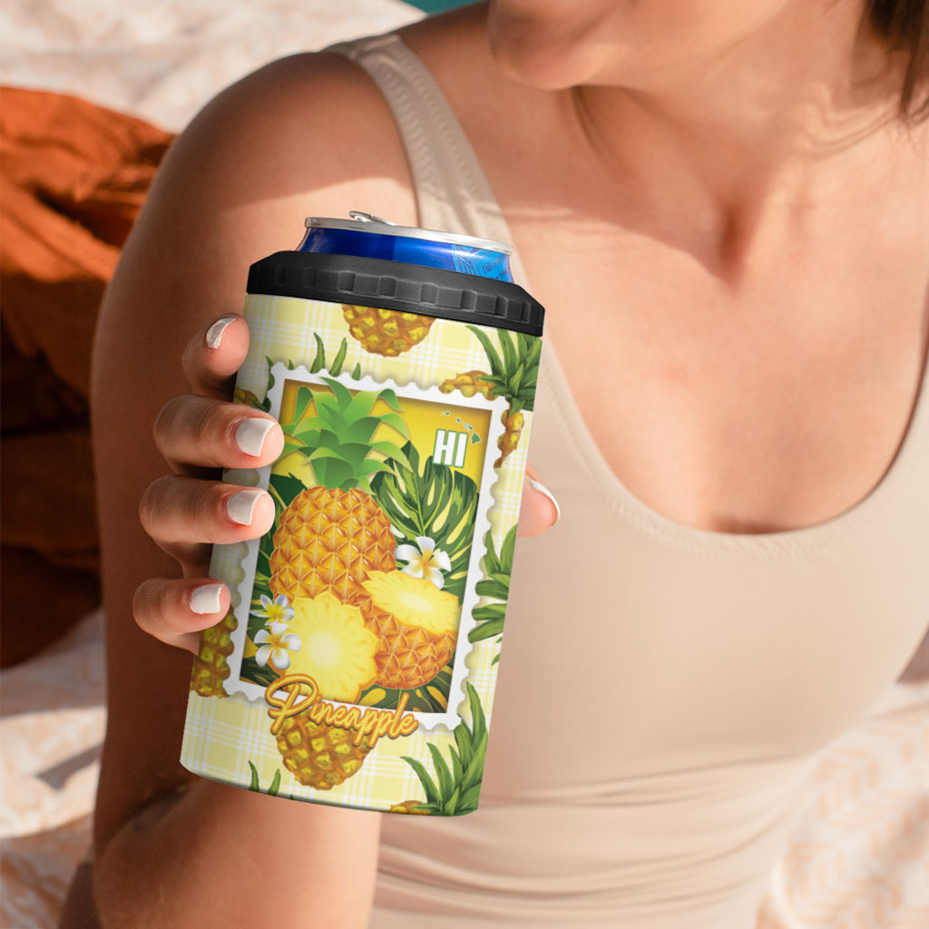 Aloha Hawaii Hala Kahiki Palaka Motifs 4 in 1 Can Cooler Tumbler Hawaiian Pineapple Stylized Stamp LT14 - Polynesian Pride