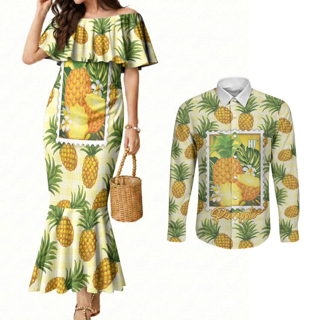 Aloha Hawaii Hala Kahiki Palaka Motifs Couples Matching Mermaid Dress and Long Sleeve Button Shirt Hawaiian Pineapple Stylized Stamp LT14 Yellow - Polynesian Pride