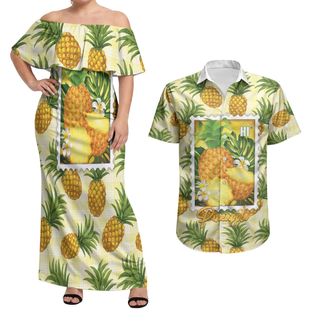 Aloha Hawaii Hala Kahiki Palaka Motifs Couples Matching Off Shoulder Maxi Dress and Hawaiian Shirt Hawaiian Pineapple Stylized Stamp LT14 Yellow - Polynesian Pride