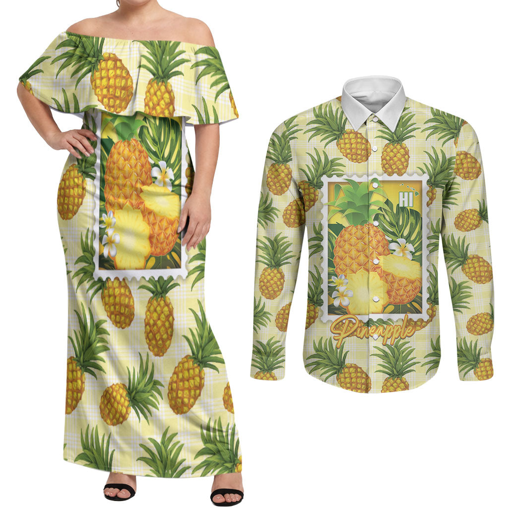 Aloha Hawaii Hala Kahiki Palaka Motifs Couples Matching Off Shoulder Maxi Dress and Long Sleeve Button Shirt Hawaiian Pineapple Stylized Stamp LT14 Yellow - Polynesian Pride