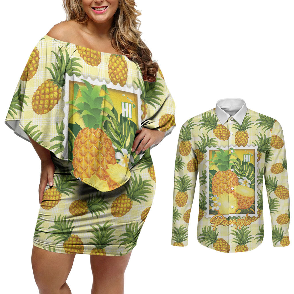 Aloha Hawaii Hala Kahiki Palaka Motifs Couples Matching Off Shoulder Short Dress and Long Sleeve Button Shirt Hawaiian Pineapple Stylized Stamp LT14 Yellow - Polynesian Pride