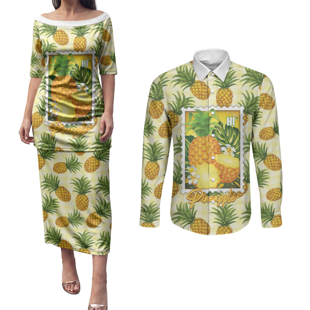 Aloha Hawaii Hala Kahiki Palaka Motifs Couples Matching Puletasi and Long Sleeve Button Shirt Hawaiian Pineapple Stylized Stamp LT14 Yellow - Polynesian Pride