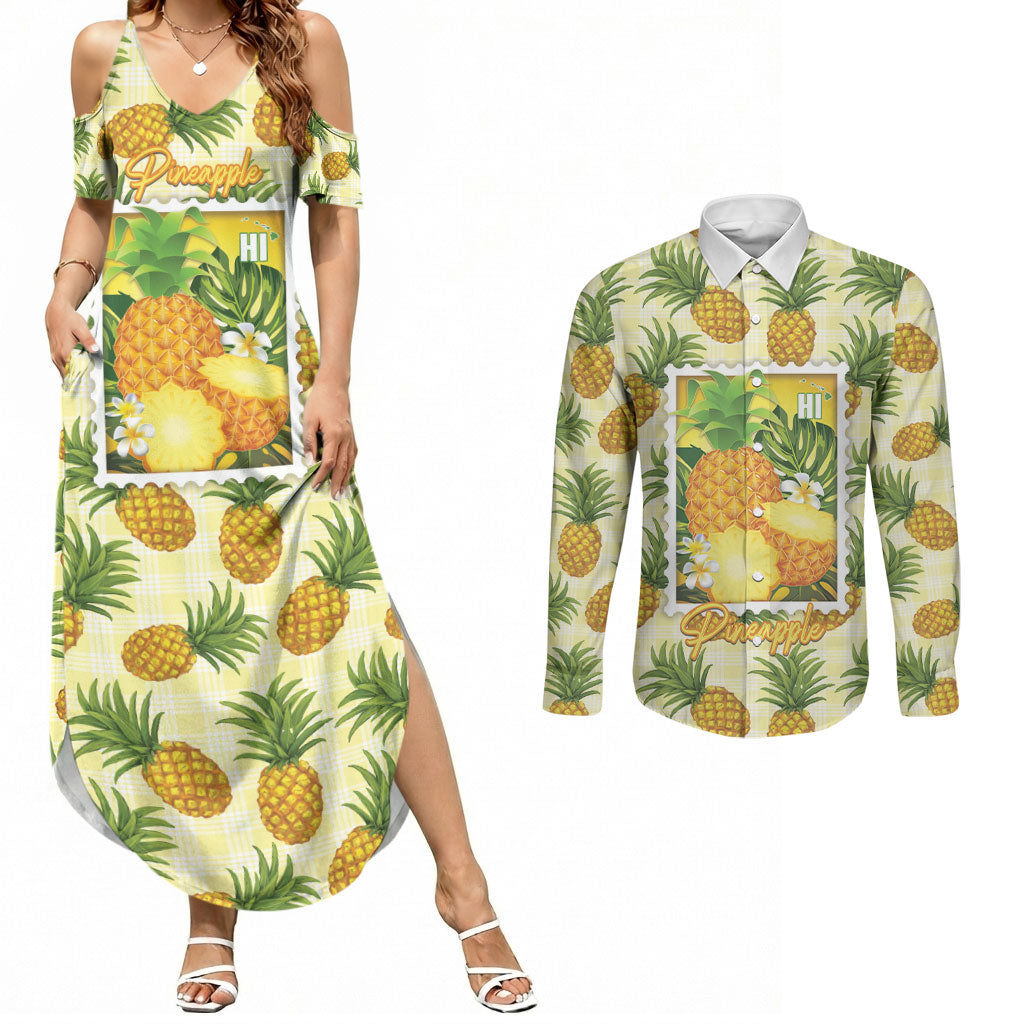 Aloha Hawaii Hala Kahiki Palaka Motifs Couples Matching Summer Maxi Dress and Long Sleeve Button Shirt Hawaiian Pineapple Stylized Stamp LT14 Yellow - Polynesian Pride