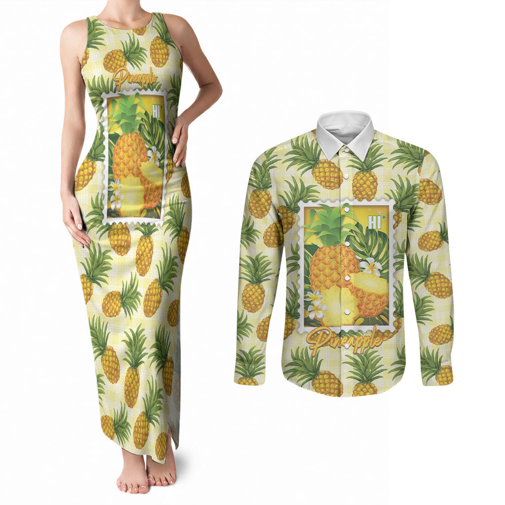 Aloha Hawaii Hala Kahiki Palaka Motifs Couples Matching Tank Maxi Dress and Long Sleeve Button Shirt Hawaiian Pineapple Stylized Stamp LT14 Yellow - Polynesian Pride