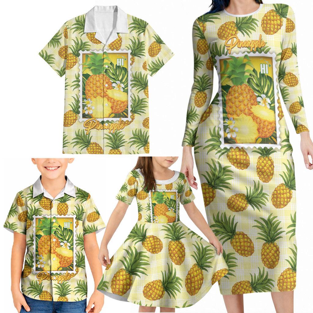 Aloha Hawaii Hala Kahiki Palaka Motifs Family Matching Long Sleeve Bodycon Dress and Hawaiian Shirt Hawaiian Pineapple Stylized Stamp LT14 - Polynesian Pride
