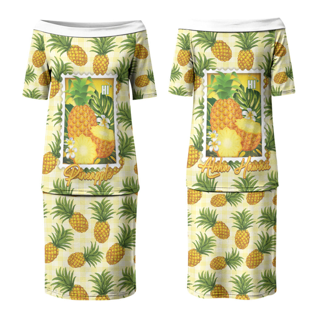 Aloha Hawaii Hala Kahiki Palaka Motifs Family Matching Puletasi and Hawaiian Shirt Hawaiian Pineapple Stylized Stamp LT14 Mom's Dress Yellow - Polynesian Pride