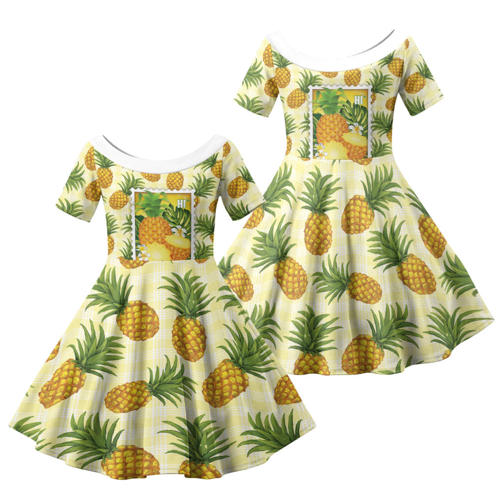 Aloha Hawaii Hala Kahiki Palaka Motifs Family Matching Puletasi and Hawaiian Shirt Hawaiian Pineapple Stylized Stamp LT14 Daughter's Dress Yellow - Polynesian Pride