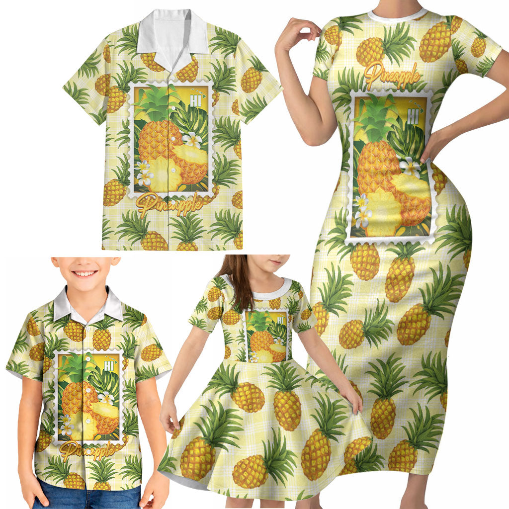 Aloha Hawaii Hala Kahiki Palaka Motifs Family Matching Short Sleeve Bodycon Dress and Hawaiian Shirt Hawaiian Pineapple Stylized Stamp LT14 - Polynesian Pride