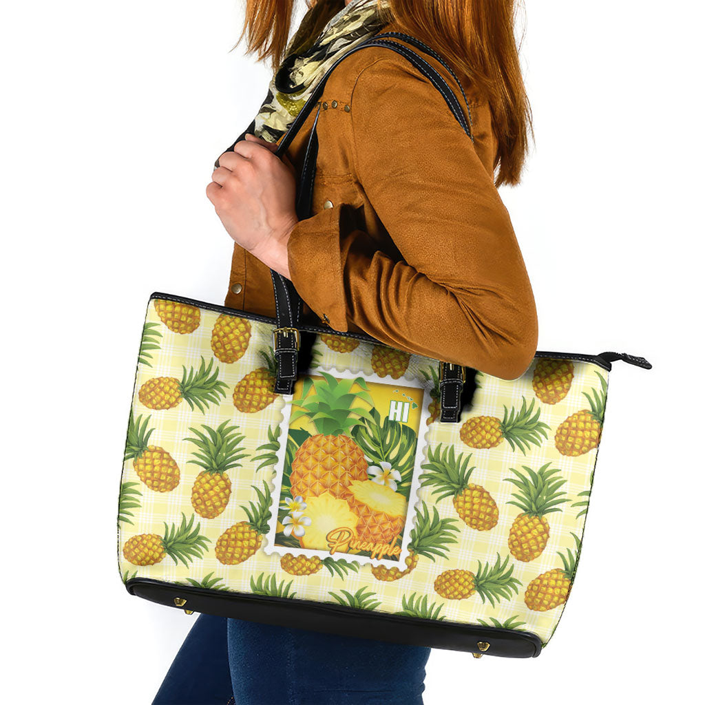 Aloha Hawaii Hala Kahiki Palaka Motifs Leather Tote Bag Hawaiian Pineapple Stylized Stamp LT14 Yellow - Polynesian Pride