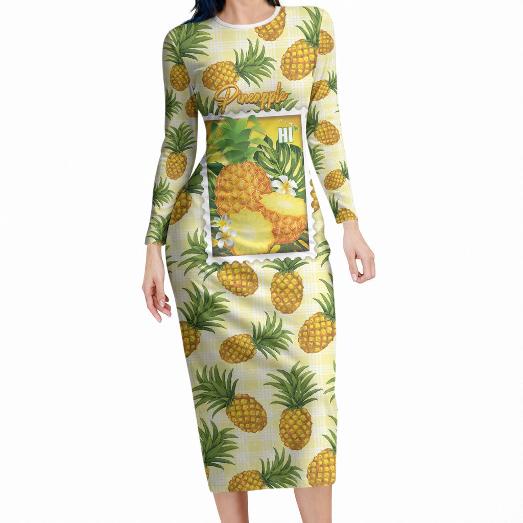 Aloha Hawaii Hala Kahiki Palaka Motifs Long Sleeve Bodycon Dress Hawaiian Pineapple Stylized Stamp LT14 Long Dress Yellow - Polynesian Pride