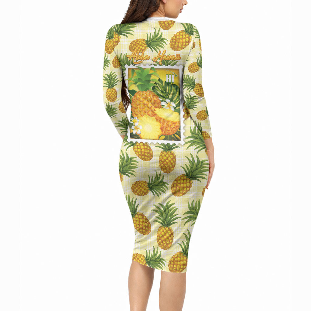 Aloha Hawaii Hala Kahiki Palaka Motifs Long Sleeve Bodycon Dress Hawaiian Pineapple Stylized Stamp LT14 - Polynesian Pride