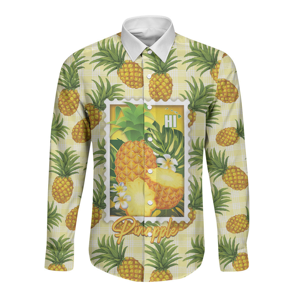 Aloha Hawaii Hala Kahiki Palaka Motifs Long Sleeve Button Shirt Hawaiian Pineapple Stylized Stamp LT14 Unisex Yellow - Polynesian Pride