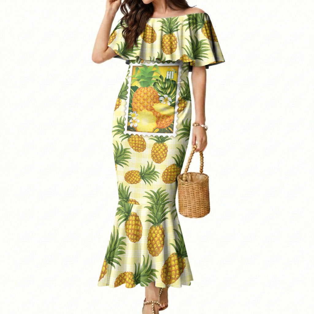 Aloha Hawaii Hala Kahiki Palaka Motifs Mermaid Dress Hawaiian Pineapple Stylized Stamp LT14 Women Yellow - Polynesian Pride