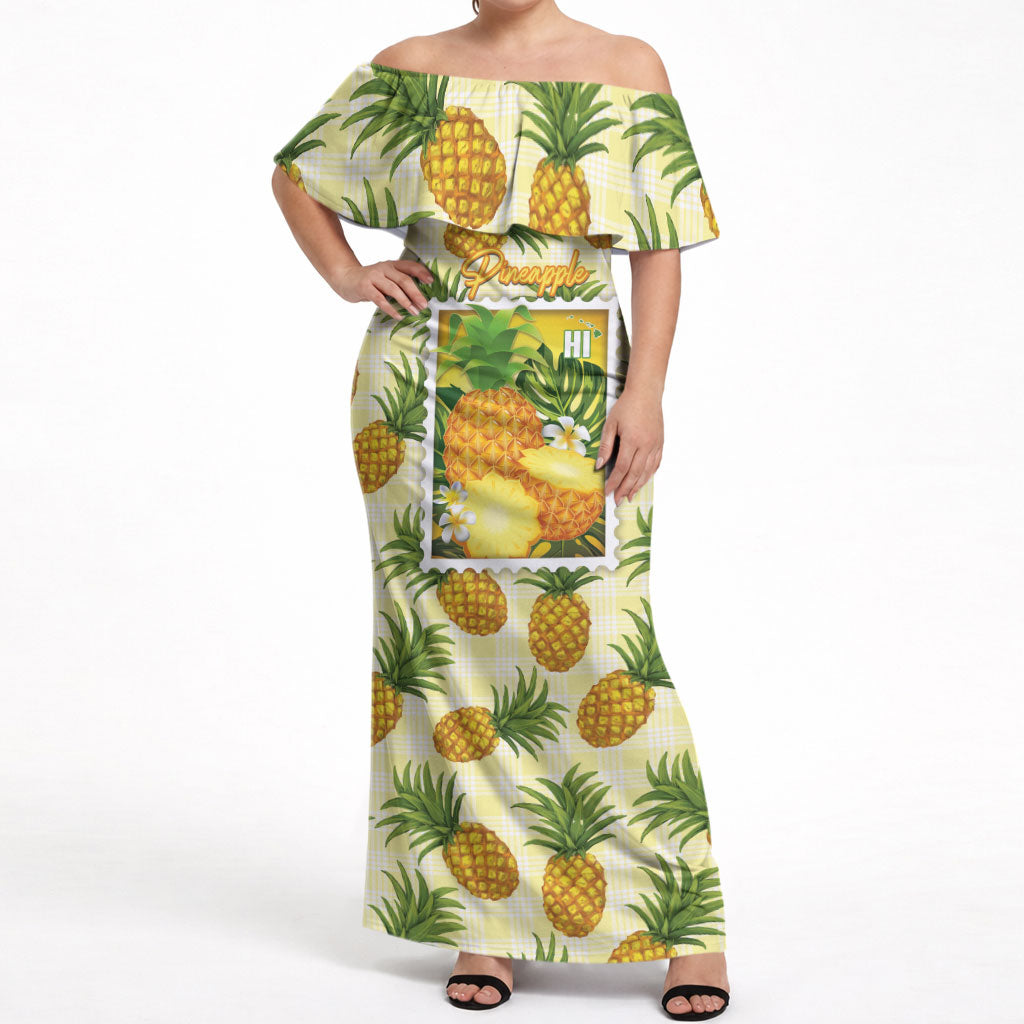 Aloha Hawaii Hala Kahiki Palaka Motifs Off Shoulder Maxi Dress Hawaiian Pineapple Stylized Stamp LT14 Women Yellow - Polynesian Pride