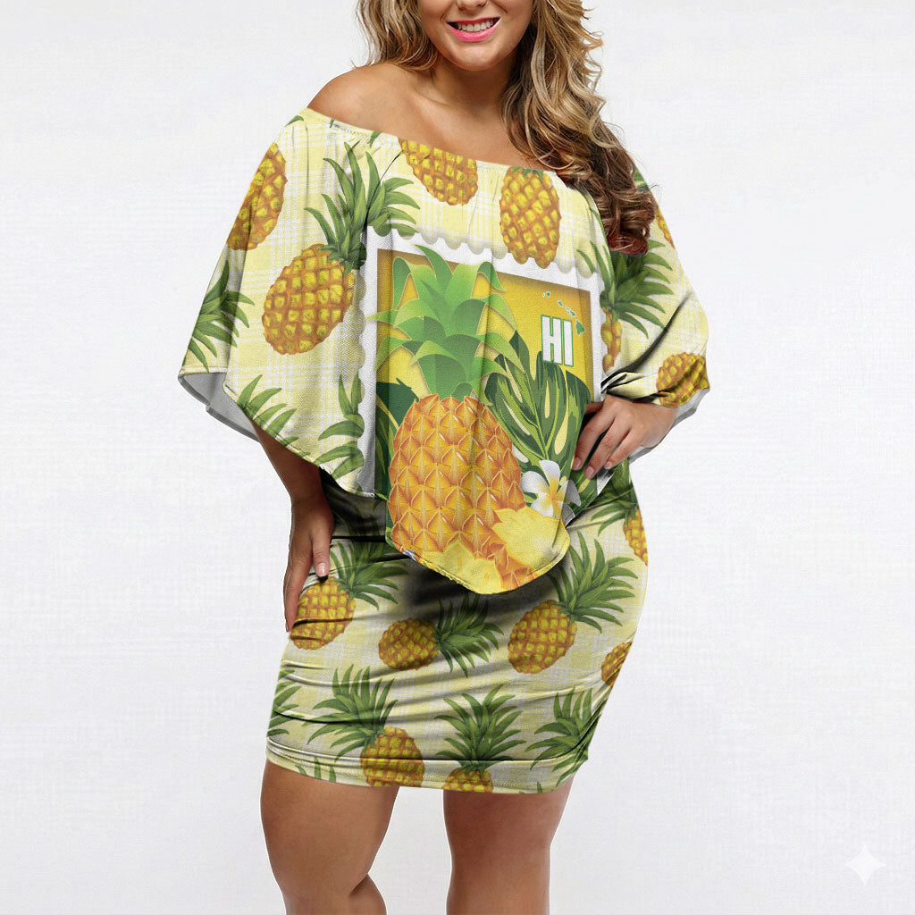 Aloha Hawaii Hala Kahiki Palaka Motifs Off Shoulder Short Dress Hawaiian Pineapple Stylized Stamp LT14 Women Yellow - Polynesian Pride