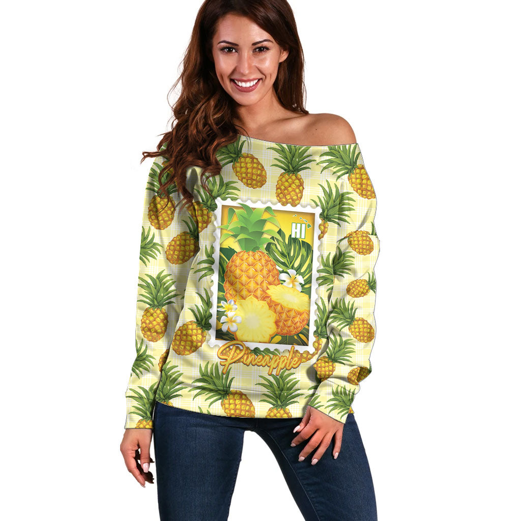 Aloha Hawaii Hala Kahiki Palaka Motifs Off Shoulder Sweater Hawaiian Pineapple Stylized Stamp LT14 Women Yellow - Polynesian Pride