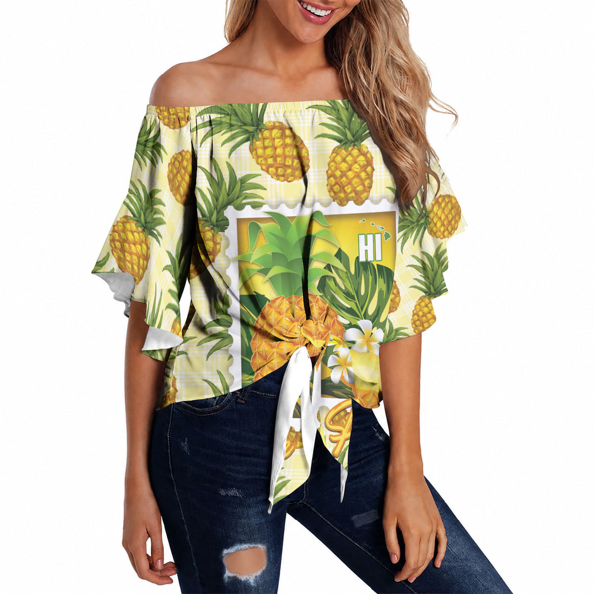 Aloha Hawaii Hala Kahiki Palaka Motifs Off Shoulder Wrap Waist Top Hawaiian Pineapple Stylized Stamp LT14 Yellow - Polynesian Pride