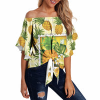 Aloha Hawaii Hala Kahiki Palaka Motifs Off Shoulder Wrap Waist Top Hawaiian Pineapple Stylized Stamp LT14 Yellow - Polynesian Pride