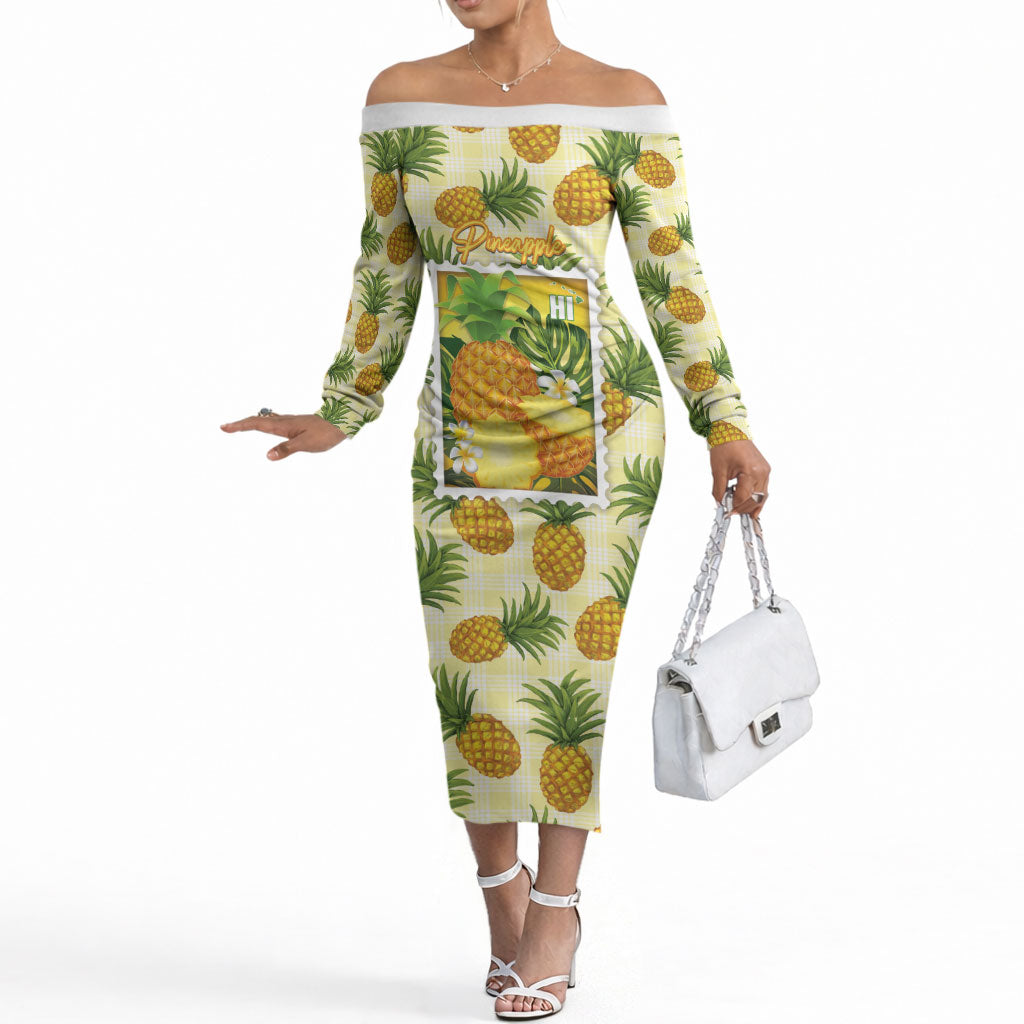 Aloha Hawaii Hala Kahiki Palaka Motifs Off The Shoulder Long Sleeve Dress Hawaiian Pineapple Stylized Stamp