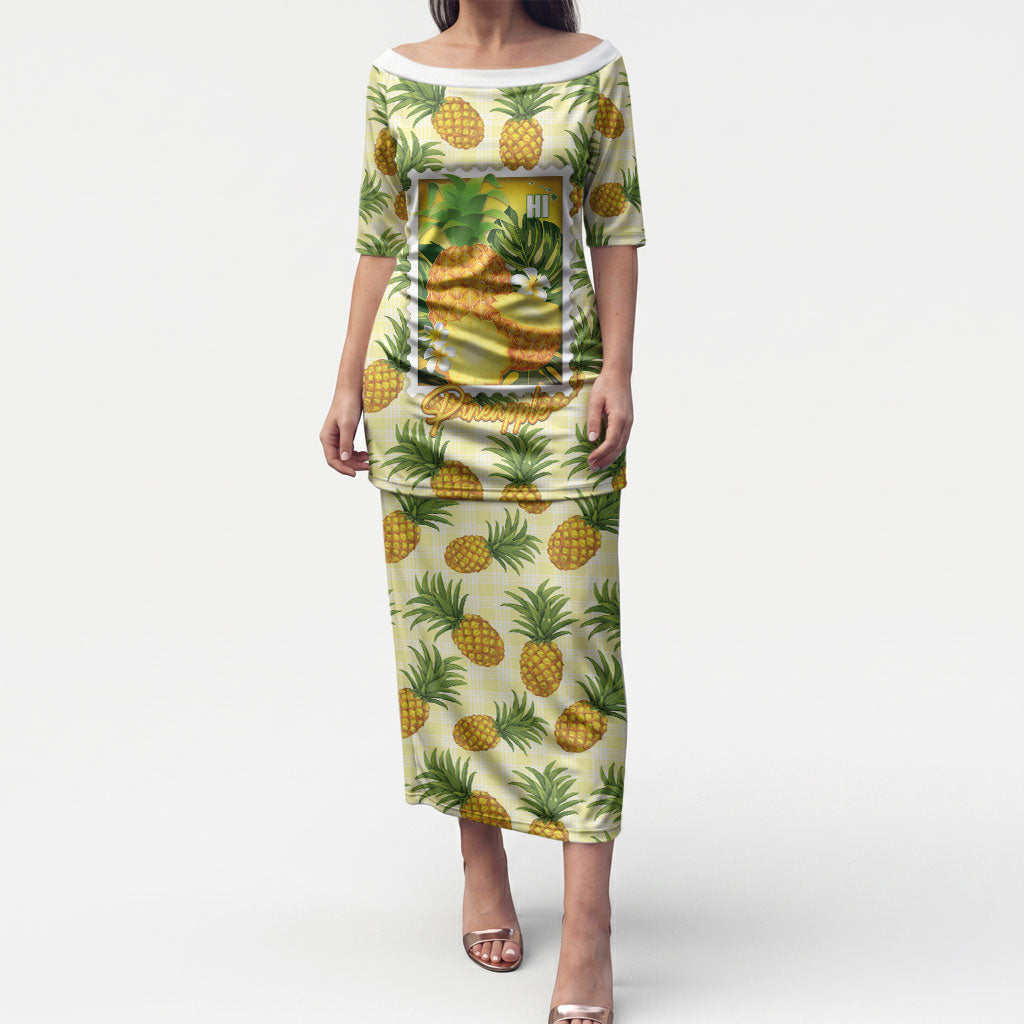 Aloha Hawaii Hala Kahiki Palaka Motifs Puletasi Hawaiian Pineapple Stylized Stamp LT14 Long Dress Yellow - Polynesian Pride