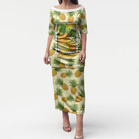 Aloha Hawaii Hala Kahiki Palaka Motifs Puletasi Hawaiian Pineapple Stylized Stamp LT14 Long Dress Yellow - Polynesian Pride