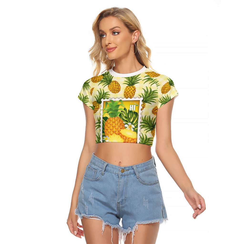 Aloha Hawaii Hala Kahiki Palaka Motifs Raglan Cropped T Shirt Hawaiian Pineapple Stylized Stamp LT14 Female Yellow - Polynesian Pride