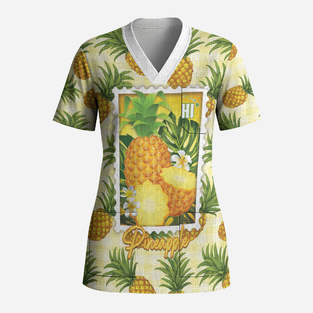 Aloha Hawaii Hala Kahiki Palaka Motifs Scrub Top Hawaiian Pineapple Stylized Stamp LT14 Adult Yellow - Polynesian Pride