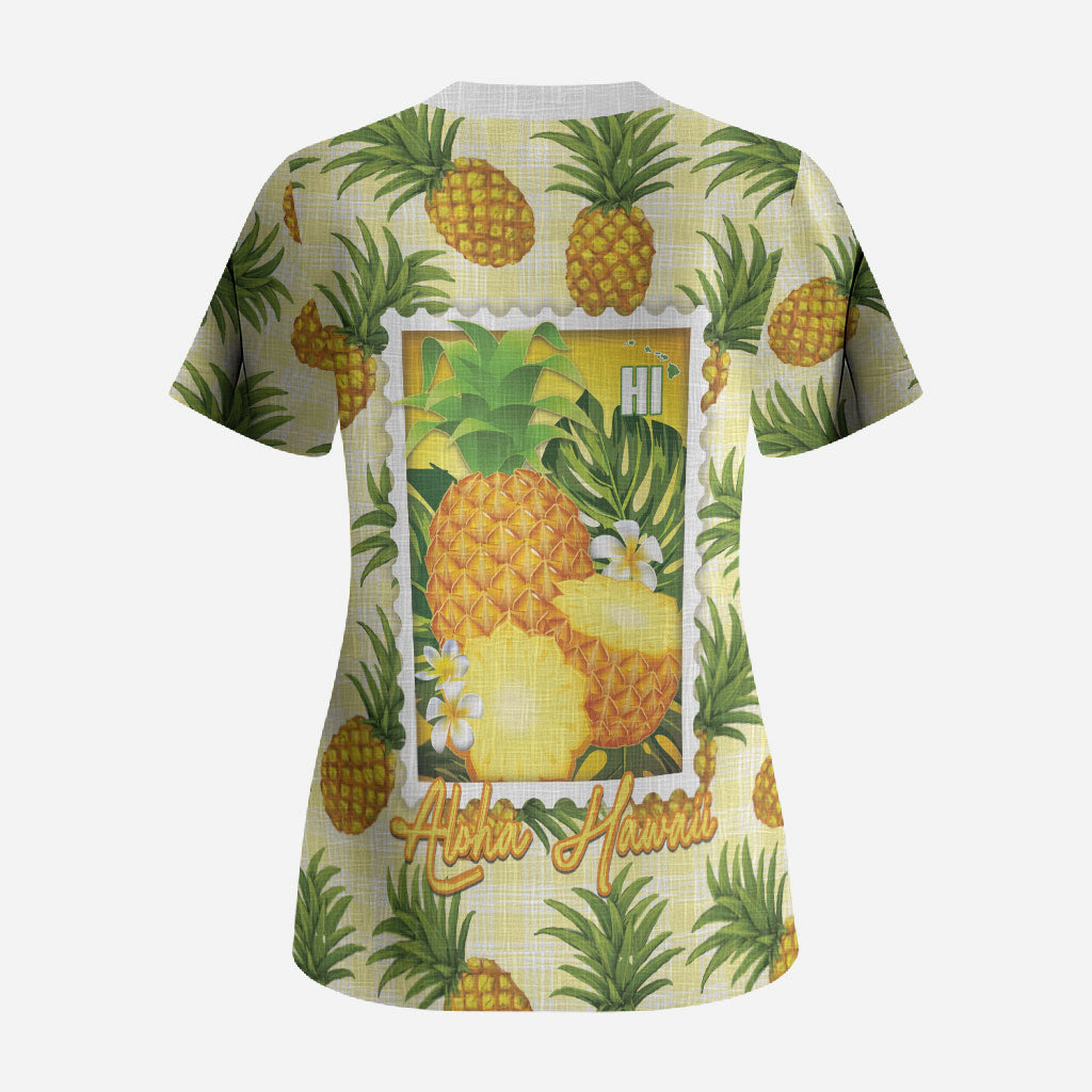 Aloha Hawaii Hala Kahiki Palaka Motifs Scrub Top Hawaiian Pineapple Stylized Stamp LT14 - Polynesian Pride