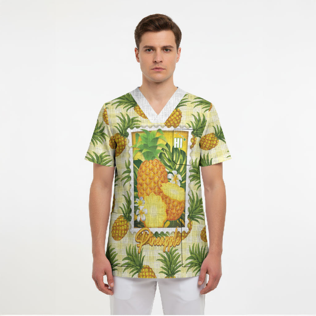 Aloha Hawaii Hala Kahiki Palaka Motifs Scrub Top Hawaiian Pineapple Stylized Stamp LT14 - Polynesian Pride