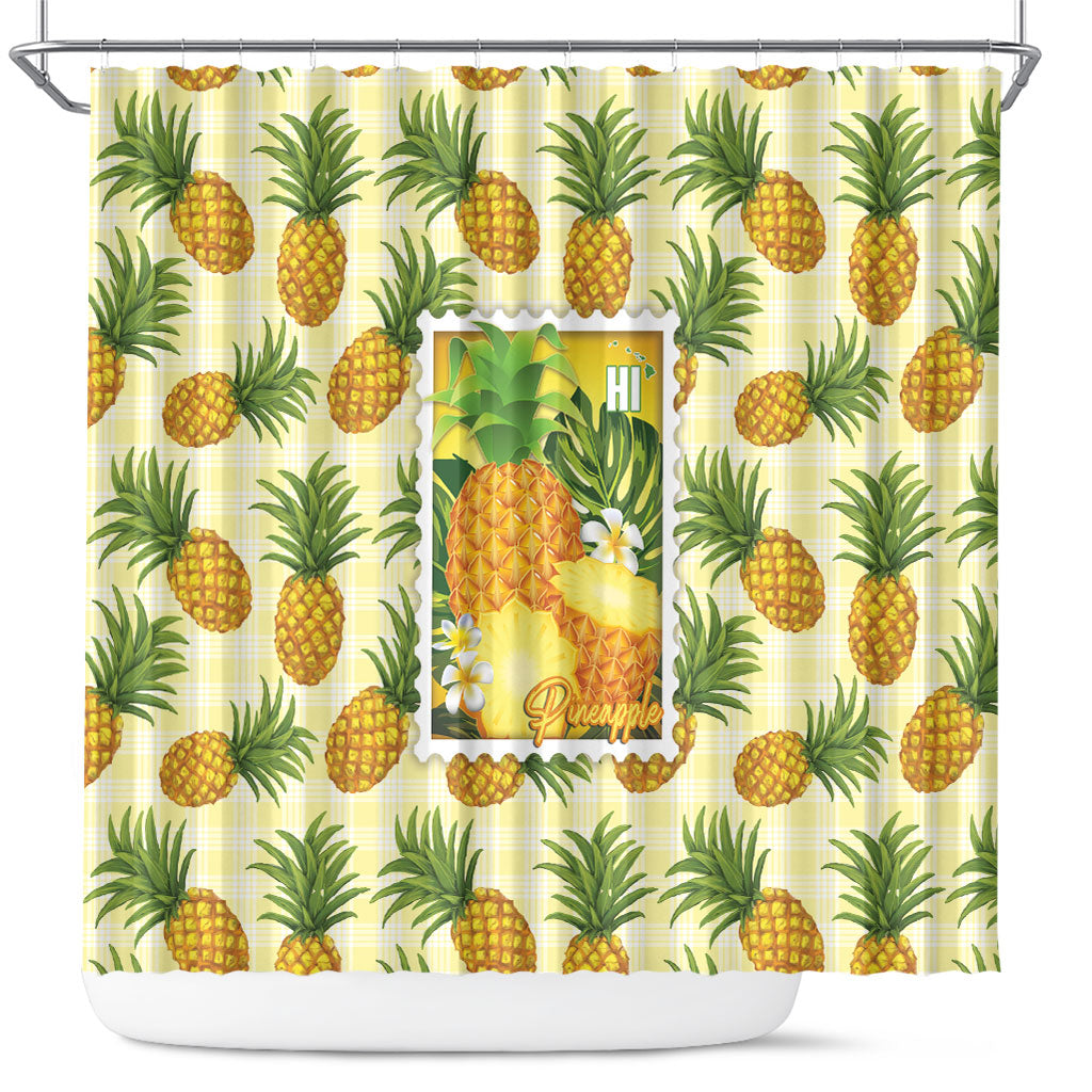 Aloha Hawaii Hala Kahiki Palaka Motifs Shower Curtain Hawaiian Pineapple Stylized Stamp LT14 Yellow - Polynesian Pride