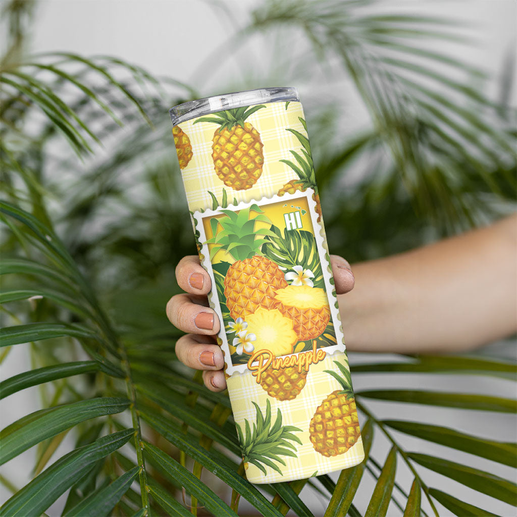 Aloha Hawaii Hala Kahiki Palaka Motifs Skinny Tumbler Hawaiian Pineapple Stylized Stamp LT14 - Polynesian Pride