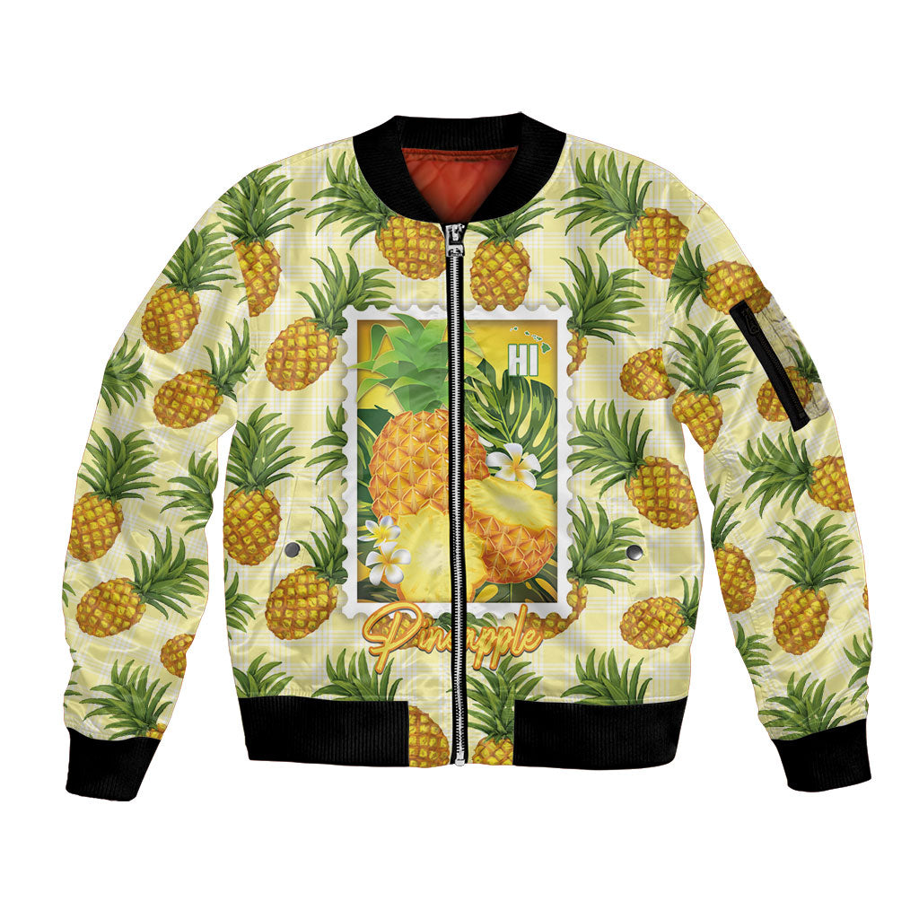 Aloha Hawaii Hala Kahiki Palaka Motifs Sleeve Zip Bomber Jacket Hawaiian Pineapple Stylized Stamp LT14 Unisex Yellow - Polynesian Pride