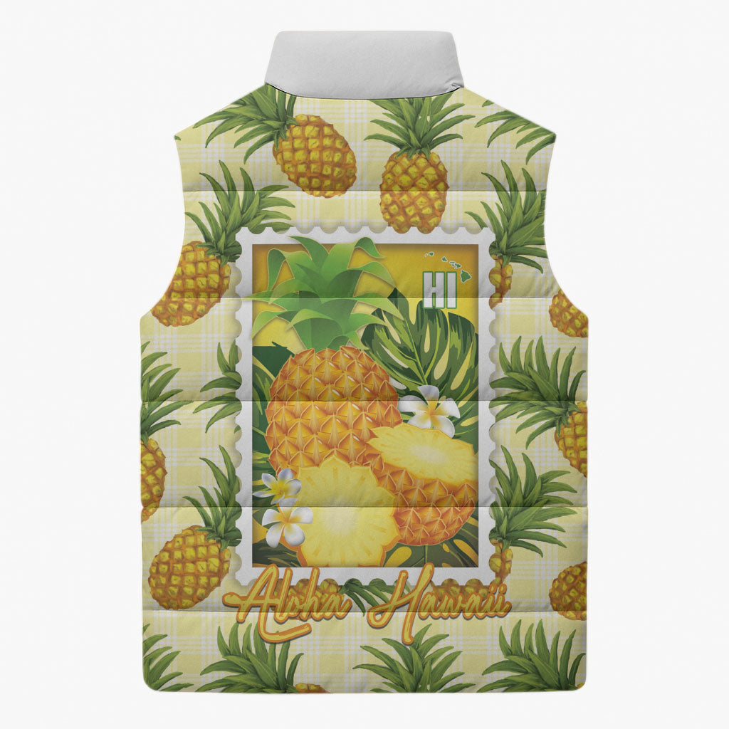 Aloha Hawaii Hala Kahiki Palaka Motifs Sleeveless Puffer Jacket Hawaiian Pineapple Stylized Stamp LT14 - Polynesian Pride