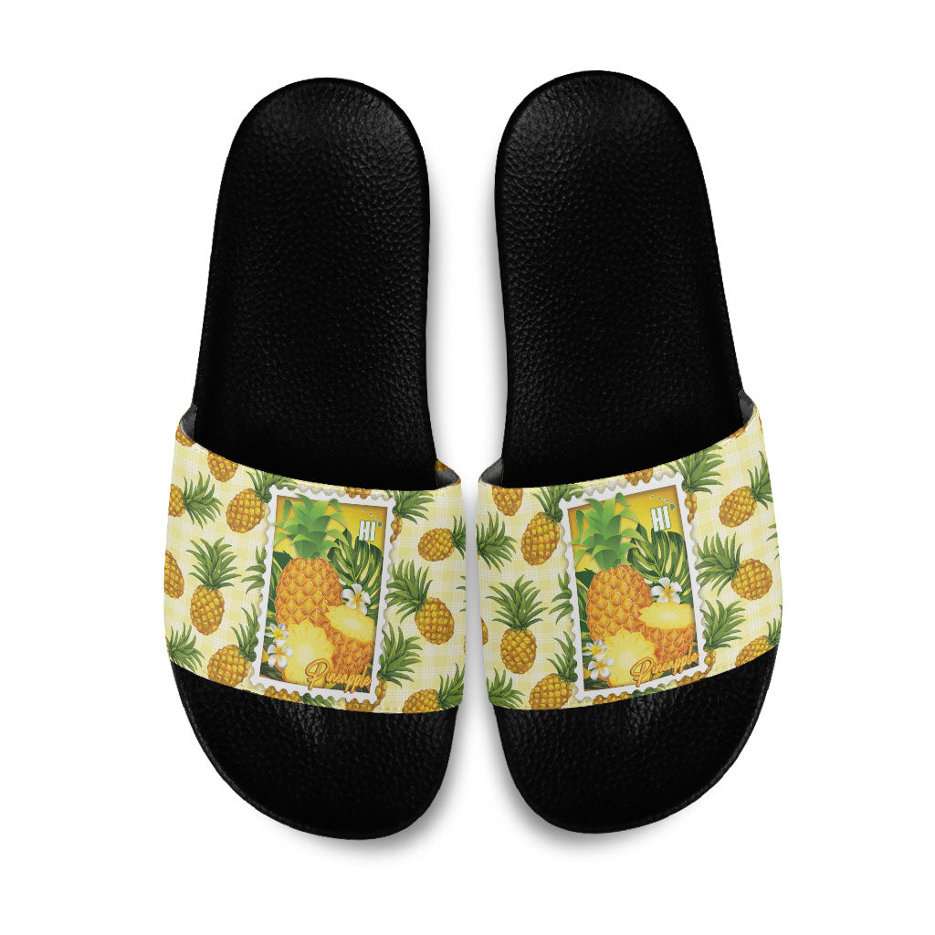 Aloha Hawaii Hala Kahiki Palaka Motifs Slide Sandals Hawaiian Pineapple Stylized Stamp LT14 Yellow - Polynesian Pride