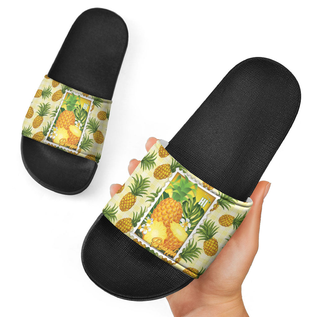 Aloha Hawaii Hala Kahiki Palaka Motifs Slide Sandals Hawaiian Pineapple Stylized Stamp LT14 - Polynesian Pride