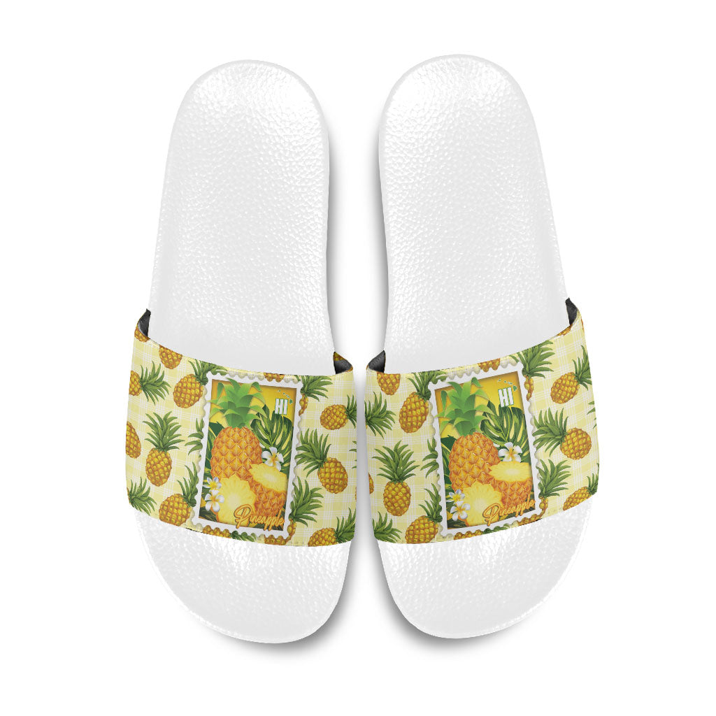 Aloha Hawaii Hala Kahiki Palaka Motifs Slide Sandals Hawaiian Pineapple Stylized Stamp LT14 Yellow - Polynesian Pride