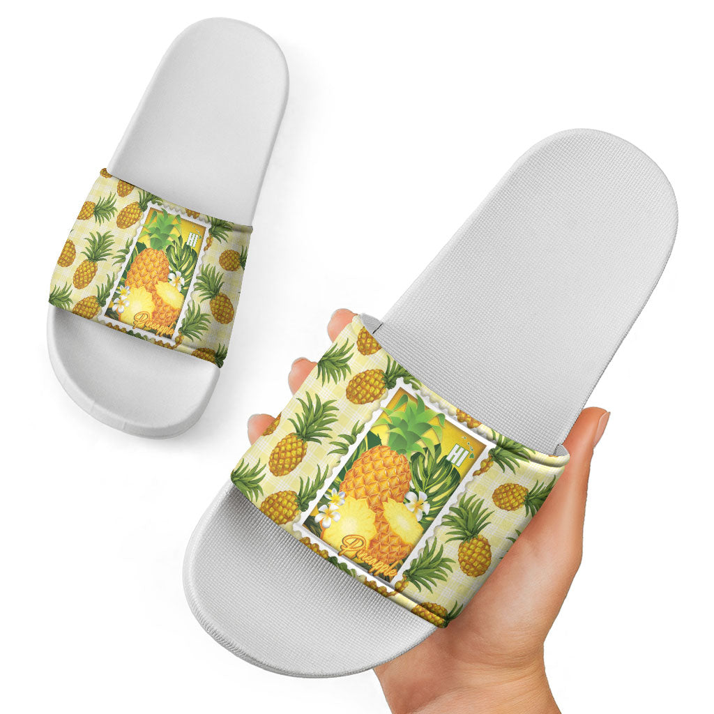 Aloha Hawaii Hala Kahiki Palaka Motifs Slide Sandals Hawaiian Pineapple Stylized Stamp LT14 - Polynesian Pride
