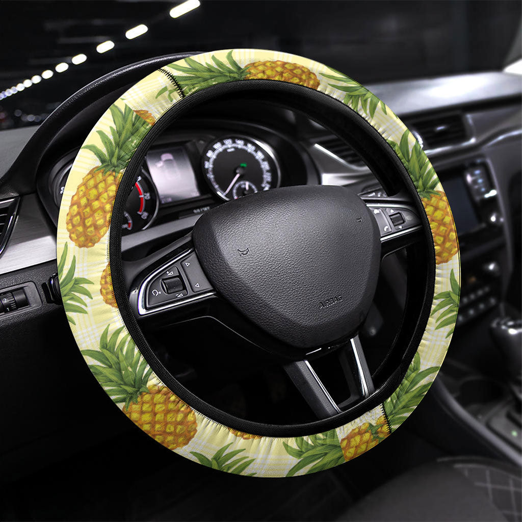 Aloha Hawaii Hala Kahiki Palaka Motifs Steering Wheel Cover Hawaiian Pineapple Stylized Stamp LT14 Universal Fit Yellow - Polynesian Pride