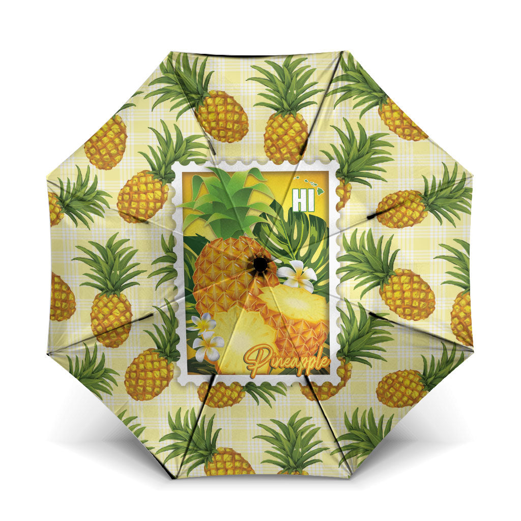 Aloha Hawaii Hala Kahiki Palaka Motifs Umbrella Hawaiian Pineapple Stylized Stamp LT14 One Size Folded 11.42 inch Opened Diameter 37.4 inch Yellow - Polynesian Pride