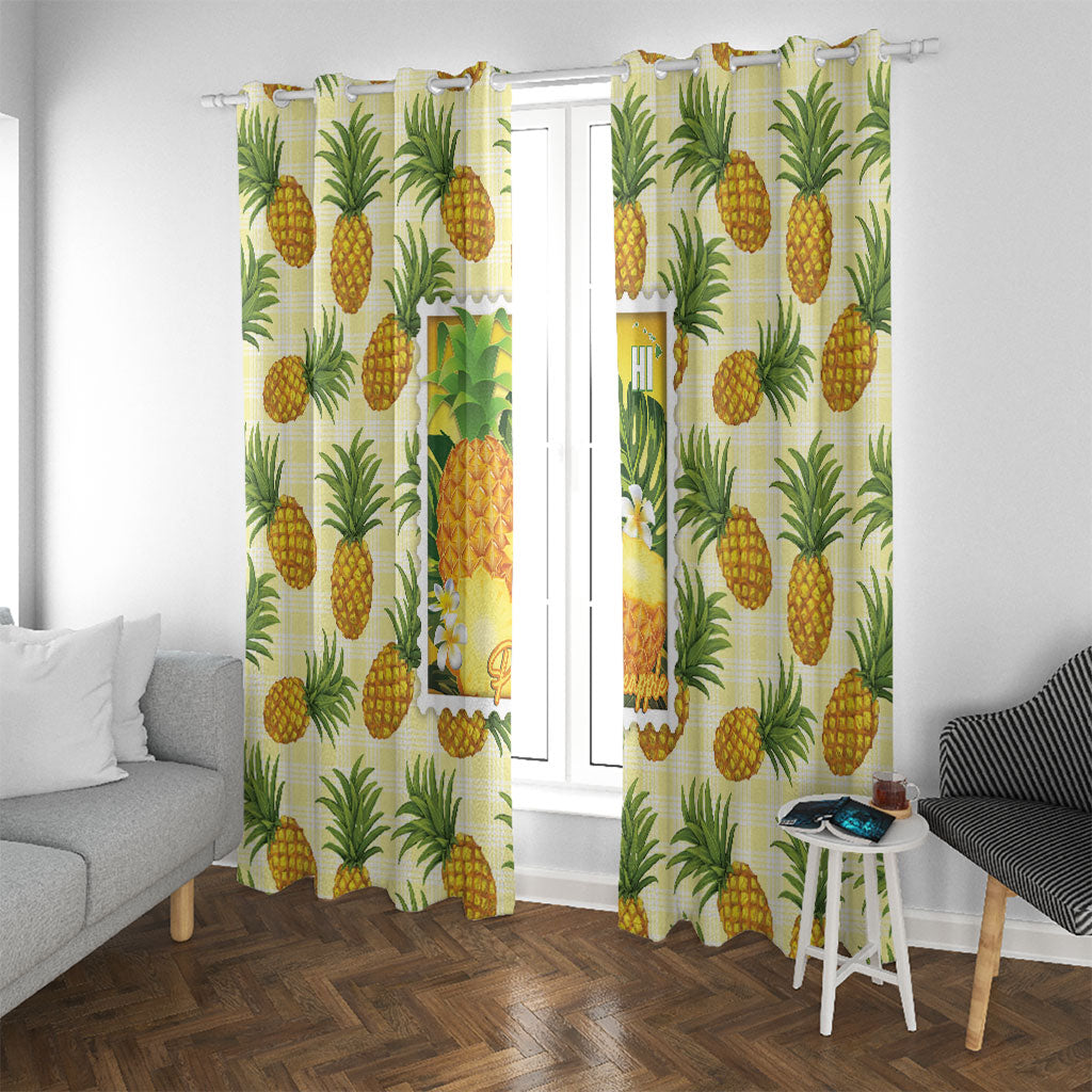 Aloha Hawaii Hala Kahiki Palaka Motifs Window Curtain Hawaiian Pineapple Stylized Stamp LT14 With Grommets Yellow - Polynesian Pride