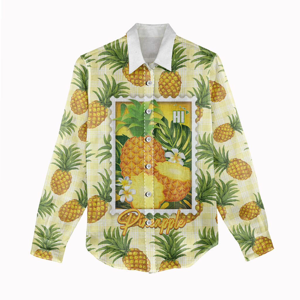 Aloha Hawaii Hala Kahiki Palaka Motifs Women Casual Shirt Hawaiian Pineapple Stylized Stamp LT14 - Polynesian Pride