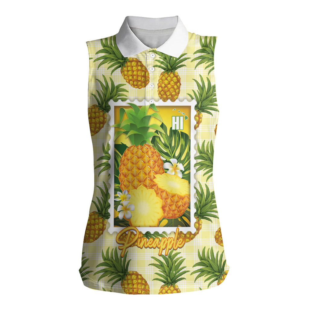 Aloha Hawaii Hala Kahiki Palaka Motifs Women Sleeveless Polo Shirt Hawaiian Pineapple Stylized Stamp LT14 Female Yellow - Polynesian Pride