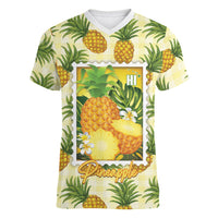 Aloha Hawaii Hala Kahiki Palaka Motifs Women V-Neck T-Shirt Hawaiian Pineapple Stylized Stamp LT14 Female Yellow - Polynesian Pride