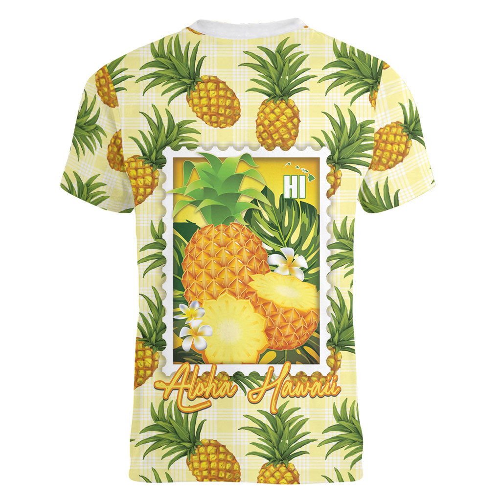 Aloha Hawaii Hala Kahiki Palaka Motifs Women V-Neck T-Shirt Hawaiian Pineapple Stylized Stamp LT14 - Polynesian Pride