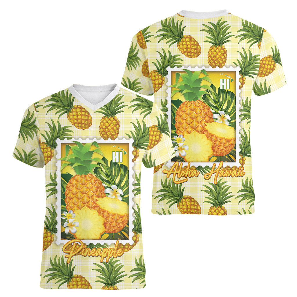 Aloha Hawaii Hala Kahiki Palaka Motifs Women V-Neck T-Shirt Hawaiian Pineapple Stylized Stamp LT14 - Polynesian Pride